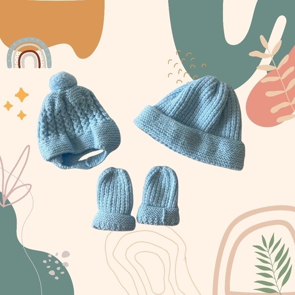 0-18 month Hand Knit  hat and mitten set - Picture 1 of 4